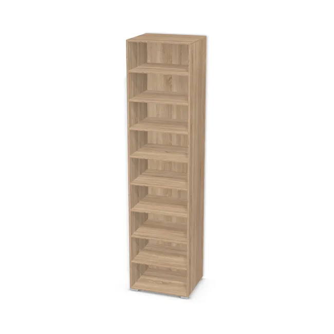 Korpus: Dąb Bardolino naturalny (H1145, ST10), Materiał pleców: Plecy z płyty jak korpus, Szerokość: 60 cm, Wysokość: 243 cm, Wysokość z nóżkami: 245 cm, Głębokość: 50 cm, Liczba półek: 8 półek, Rozmieszczenie półek: Rozmieszczenie symetryczne półek, Typ podstawy: Nóżki (wg wyboru), Nóżki: Stopka K041 - tworzywo - chrom wys 2 cm (Stopka chrom 2cm), Podpórki półek: Podpórki półki fi 5 mm (Basic / ruchome), Obrzeże korpusu: 2,0 mm, Rodzaj: Zabudowa szeregowa