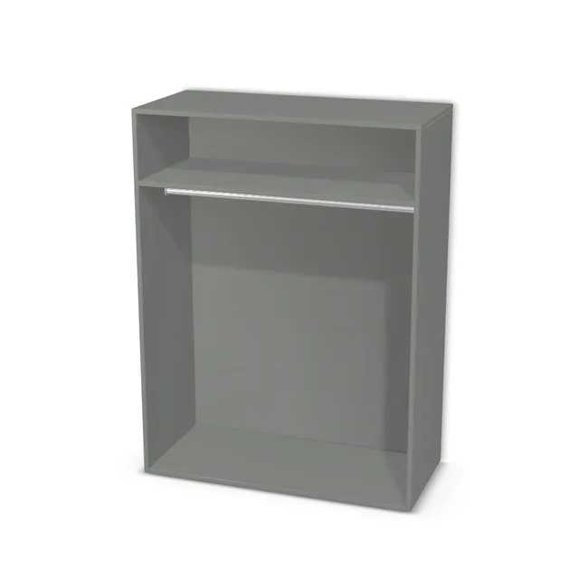 Korpus: Szary przykurzony (U732, ST9), Materiał pleców: Plecy z płyty jak korpus, Szerokość: 105 cm, Wysokość: 140 cm, Głębokość: 48 cm, Wys. części dolnej: 114 cm, Przestrzeń pod drążkiem (od osi drążka do wieńca dolnego): 103,7 cm, Układ półek pod drążkiem: Bez półki pod drążkiem, Drzwi: Bez frontów, Typ podstawy: Brak (tylko ślizgacze), System domyku: Otwieranie uchwytem, Zawiasy: Dobór we własnym zakresie (Brak), Uchwyty: Brak uchwytów i brak nawiertów (Brak uchwytów), Obrzeże korpusu: 2,0 mm, Rodzaj: Zabudowa szeregowa