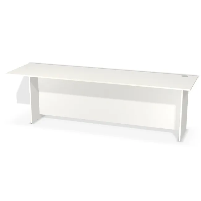 Korpus: Biały klasyczny (W960, SM, 18 mm), Materiał blendy: Blenda z płyty jak korpus, Wybrane obrzeże: Domyślne (w kolorze płyty), Szerokość: 250 cm, Wysokość: 72 cm, Głębokość: 70 cm, Wys. środkowej blendy: 66,1 cm, Wysunięcie blatu po lewej: 30 cm, Wysunięcie blatu po prawej: 10 cm, Wysunięcie blatu z przodu: 10 cm, Wysunięcie blatu z tyłu: 10 cm, Przepusty: Prawy róg, Kolor przepustu: Przepust Kablowy z Plastiku fi 80 Szary (Plastik 80 Szary), Obrzeże korpusu: 2,0 mm