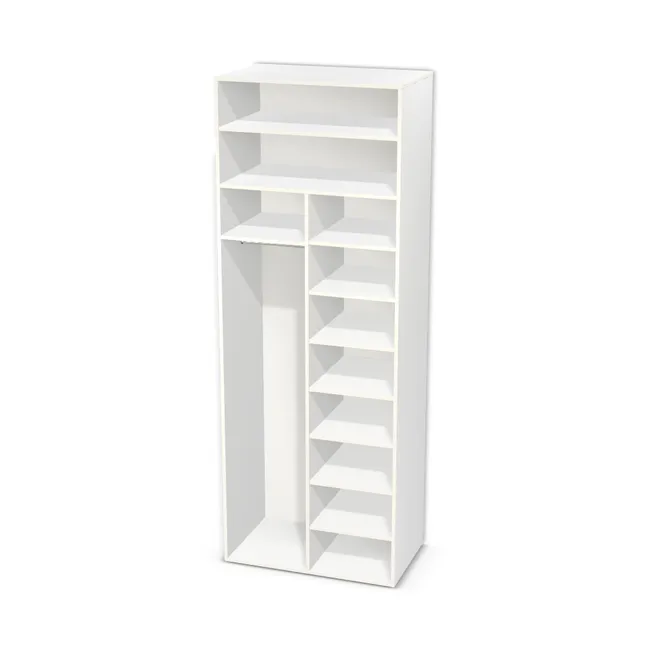 Korpus: Biel Alpejska (WU8685, SMK), Materiał pleców: Plecy z płyty HDF 3 mm (biała), Szerokość: 90 cm, Wysokość: 245 cm, Głębokość: 53 cm, Szer. części lewej: 45 cm, Wys. części z drążkiem: 170,2 cm, Przestrzeń pod drążkiem (od osi drążka do wieńca dolnego): 159,9 cm, Wys. segmentu dolnego: 195 cm, Układ mebla: Po lewej szafka na wieszaki, po prawej półki, Drzwi: Bez frontów, Liczba półek na górze: 1 półka, Liczba półek na dole: 7 półek, Rozmieszczenie półek: Własne ustawienie, Typ podstawy: Brak (tylko ślizgacze), System domyku: Otwieranie uchwytem, Zawiasy: Dobór we własnym zakresie (Brak), Uchwyty: Brak uchwytów i brak nawiertów (Brak uchwytów), Podpórki półek: Podpórki półki fi 5 mm (Basic / ruchome), Obrzeże korpusu: 0,8 mm, Rodzaj: Zabudowa szeregowa
