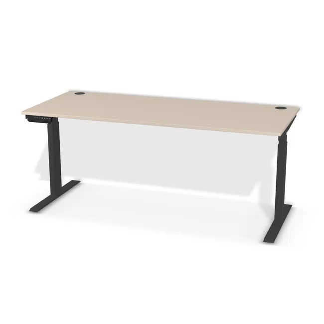 Blat: Kaszmir (U702, ST9, 18mm), Szerokość: 155 cm, Głębokość: 65 cm, Kształt blatu: Blat prostokątny, Układ kontrolera: Kontroler po lewej stronie, Pozycja kontrolera (od krawędzi blatu): 5 cm, Przepusty: Lewy i prawy róg, Kolor przepustu: Przepust Kablowy z Plastiku fi 60 Czarny (Plastik 60 Czarny), Stelaż: Stelaż elektryczny do biurka FUTURO II (625-1275 mm) czarny (Futuro II Stelaż Czarny), Obrzeże blatu: 2,0 mm