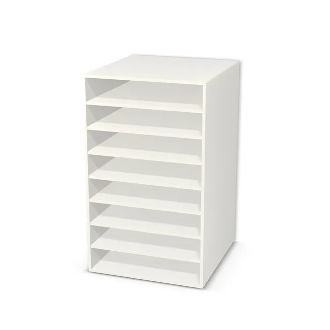 Korpus: Biały klasyczny (W960, SM), Materiał pleców: Plecy z płyty HDF 3 mm (biała), Szerokość: 76 cm, Wysokość: 127 cm, Głębokość: 80 cm, Liczba półek: 7 półek, Rozmieszczenie półek: Rozmieszczenie symetryczne półek, Typ podstawy: Brak (tylko ślizgacze), Podpórki półek: Podpórki Kuadro z zabezpieczeniem (typ 2) (Premium / z zabezp.), Obrzeże korpusu: 0,8 mm