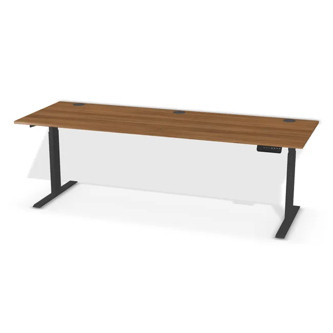 Blat: Orzech Dijon naturalny (H3734, ST9, 18mm), Szerokość: 200 cm, Głębokość: 70 cm, Kształt blatu: Blat prostokątny, Układ kontrolera: Kontroler po prawej stronie, Pozycja kontrolera (od krawędzi blatu): 13 cm, Przepusty: Lewy róg - środek - prawy róg, Kolor przepustu: Przepust Kablowy z Plastiku fi 80 Czarny (Plastik 80 Czarny), Stelaż: Stelaż elektryczny do biurka FUTURO II (625-1275 mm) czarny (Futuro II Stelaż Czarny), Obrzeże blatu: 0,8 mm