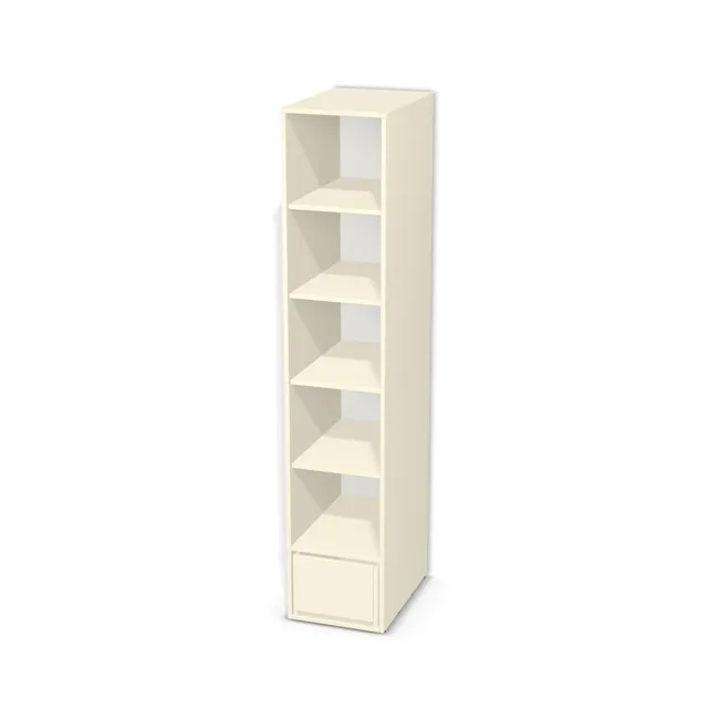 Korpus: Alabaster (U104, ST9), Materiał pleców: Plecy z płyty HDF 3 mm (biała), Szerokość: 40 cm, Wysokość: 200 cm, Głębokość: 58 cm, Wys. części z szufladami: 30 cm, Drzwi: Bez frontów - nawierty pod prowadniki prawe, Liczba szuflad: 1 szuflada, Liczba półek: 4 półki, Rozmieszczenie półek: Rozmieszczenie symetryczne półek, Typ podstawy: Brak (tylko ślizgacze), System domyku: Otwieranie uchwytem (+Hamulec Blumotion), Szuflady: Blum Tandem (Optimum Blum), Zawiasy: Blum ClipTop 110 cichy domyk (Premium), Uchwyty: Brak uchwytów i brak nawiertów (Brak uchwytów), Uchwyty szuflad: Brak uchwytów i brak nawiertów (Brak uchwytów), Podpórki półek: Podpórki Kuadro z zabezpieczeniem (typ 2) (Premium / z zabezp.), Obrzeże korpusu: 2,0 mm