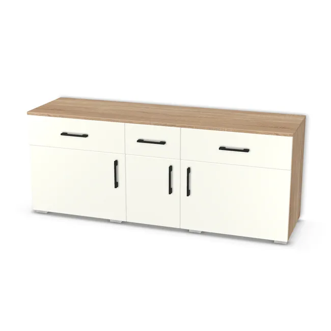 Front: Biały premium (W1000, ST38) Usłojenie Pionowe, Korpus: Dąb Bardolino naturalny (H1145, ST10), Usłojenie frontu: Pionowe, Materiał pleców: Plecy z płyty HDF 3 mm (biała), Szerokość: 152,2 cm, Wysokość: 60 cm, Wysokość z nóżkami: 62 cm, Głębokość: 40,4 cm, Głęb. całkowita: 42,4 cm, Szer. części środkowej: 30,4 cm, Wys. pasa dolnego: 40 cm, Wysokość dolnego frontu: 39,7 cm, Typ wieńca górnego: Wieniec górny nakładany wysunięty nad front, Fronty: Fronty - drzwi lewe, fronty szuflad, Liczba półek: 1 półka, Rozmieszczenie półek: Rozmieszczenie symetryczne półek, Typ podstawy: Nóżki (wg wyboru), System domyku: Otwieranie uchwytem (+Hamulec Blumotion), Prowadnice szuflad: Blum Tandem (Optimum Blum), Zawiasy: Blum ClipTop 110 cichy domyk (Premium), Nóżki: Stopka K041 - tworzywo - chrom wys 2 cm (Stopka chrom 2cm), Uchwyty: Uchwyt 2576 Czarny Mat rozstaw 128 mm (Uchwyt 2576 128 mm), Uchwyty szuflad: Uchwyt 2576 Czarny Mat rozstaw 128 mm (Uchwyt 2576 128 mm), Podpórki półek: Podpórki Kuadro z zabezpieczeniem (typ 2) (Premium / z zabezp.), Obrzeże korpusu: 0,8 mm, Obrzeże frontu: 2,0 mm, Rozmieszczenie uchwytów: Pionowo (góra frontu 50 mm, bok 50 mm), Rozmieszczenie uchwytów szuflad: Poziomo (centralnie na froncie)