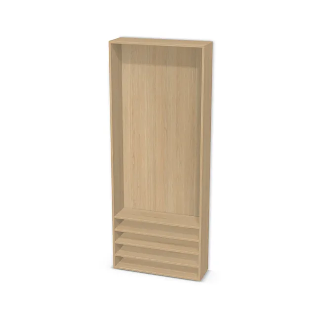 Korpus: Dąb Vicenza (H3157, ST12), Materiał pleców: Plecy z płyty jak korpus, Szerokość: 80 cm, Wysokość: 200 cm, Głębokość: 25 cm, Liczba półek: 4 półki, Rozmieszczenie półek: Własne ustawienie, Typ podstawy: Brak (tylko ślizgacze), Podpórki półek: Podpórki półki fi 5 mm (Basic / ruchome), Obrzeże korpusu: 2,0 mm, Rodzaj: Zabudowa szeregowa