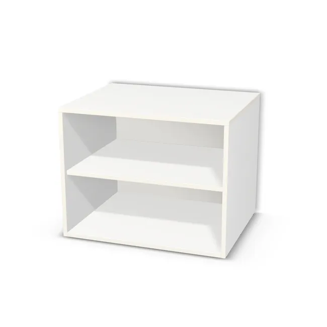 Korpus: Biel Alpejska (WU8685, BS), Materiał pleców: Plecy z płyty HDF 3 mm (biała), Szerokość: 70 cm, Wysokość: 55 cm, Głębokość: 55 cm, Drzwi: Bez frontów, Liczba półek: 1 półka, Rozmieszczenie półek: Rozmieszczenie symetryczne półek, Typ podstawy: Brak (tylko ślizgacze), System domyku: Otwieranie naciskiem (Tip-On), Zawiasy: Dobór we własnym zakresie (Brak), Uchwyty: Brak uchwytów i brak nawiertów (Brak uchwytów), Podpórki półek: Podpórki Kuadro z zabezpieczeniem (typ 2) (Premium / z zabezp.), Obrzeże korpusu: 0,8 mm