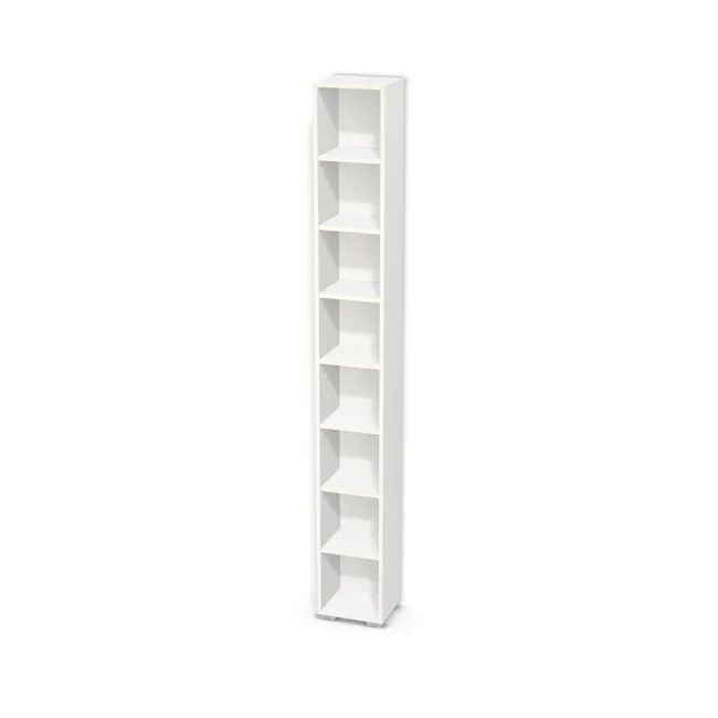 Korpus: Biel Alpejska (WU8685, BS), Materiał pleców: Plecy z płyty HDF 3 mm (biała), Szerokość: 30 cm, Wysokość: 230 cm, Wysokość z nóżkami: 232 cm, Głębokość: 25 cm, Liczba półek: 7 półek, Rozmieszczenie półek: Rozmieszczenie symetryczne półek, Typ podstawy: Nóżki (wg wyboru), Nóżki: Stopka K041 - tworzywo - chrom wys 2 cm (Stopka chrom 2cm), Podpórki półek: Podpórki półki fi 5 mm (Basic / ruchome), Obrzeże korpusu: 0,8 mm