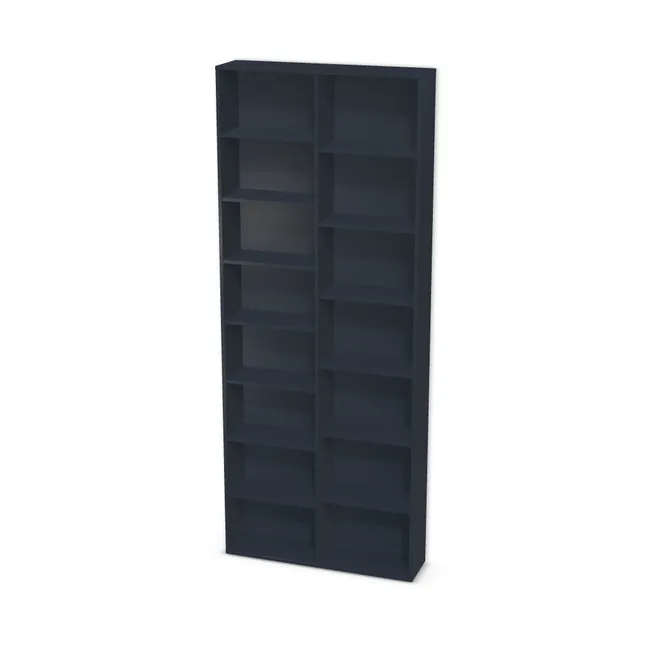 Korpus: Niebieski indigo (U599, ST9), Przednie krawędzie: Domyślne (w kolorze korpusu) (U599, ST9), Materiał pleców: Plecy z płyty jak korpus, Szerokość: 100 cm, Wysokość: 250 cm, Głębokość: 25 cm, Głębokość z frontem: 26,8 cm, Szerokość: 50 cm, Liczba półek po lewej: 7 półek, Liczba półek po prawej: 6 półek, Rozmieszczenie półek: Rozmieszczenie symetryczne półek, Typ podstawy: Brak (tylko ślizgacze), Podpórki półek: Podpórki Kuadro z zabezpieczeniem (typ 2) (Premium / z zabezp.), Obrzeże korpusu: 0,8 mm, Obrzeże frontu: 0,8 mm, Rozmieszczenie uchwytów: Pionowo (środek frontu, bok 50 mm)