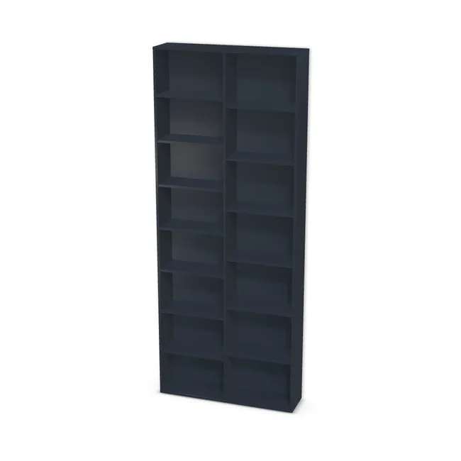Korpus: Niebieski indigo (U599, ST9), Przednie krawędzie: Domyślne (w kolorze korpusu) (U599, ST9), Materiał pleców: Plecy z płyty jak korpus, Szerokość: 100 cm, Wysokość: 250 cm, Głębokość: 25 cm, Głębokość z frontem: 26,8 cm, Szerokość: 50 cm, Liczba półek po lewej: 7 półek, Liczba półek po prawej: 6 półek, Rozmieszczenie półek: Rozmieszczenie symetryczne półek, Typ podstawy: Brak (tylko ślizgacze), Podpórki półek: Podpórki Kuadro z zabezpieczeniem (typ 2) (Premium / z zabezp.), Obrzeże korpusu: 0,8 mm, Obrzeże frontu: 0,8 mm, Rozmieszczenie uchwytów: Pionowo (środek frontu, bok 50 mm)