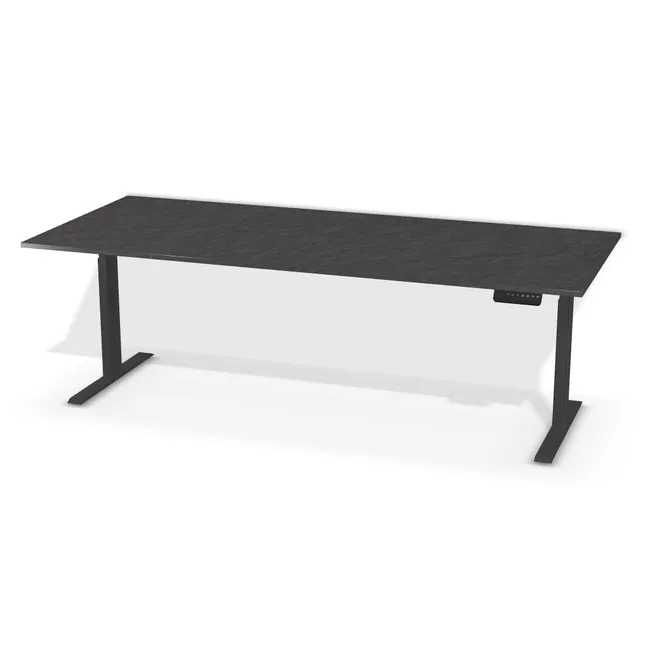 Blat: Łupek Scivaro (F235, ST76, 18mm), Szerokość: 200 cm, Głębokość: 85 cm, Kształt blatu: Blat prostokątny, Układ kontrolera: Kontroler po prawej stronie, Pozycja kontrolera (od krawędzi blatu): 13 cm, Przepusty: Lewy róg - środek - prawy róg, Kolor przepustu: Przepust Kablowy z Plastiku fi 60 Czarny (Plastik 60 Czarny), Stelaż: Stelaż elektryczny do biurka FUTURO II (625-1275 mm) czarny (Futuro II Stelaż Czarny), Obrzeże blatu: 0,8 mm