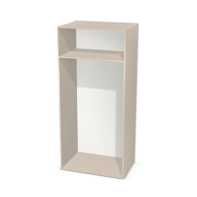 Korpus: Kaszmir (U702, ST9), Materiał pleców: Plecy z płyty HDF 3 mm (biała), Szerokość: 104 cm, Wysokość: 229 cm, Głębokość: 70 cm, Wys. części dolnej: 185 cm, Przestrzeń pod drążkiem (od osi drążka do wieńca dolnego): 174,7 cm, Układ półek pod drążkiem: Bez półki pod drążkiem, Drzwi: Bez frontów - nawierty pod prowadniki lewe i&amp;nbsp;prawe, Typ podstawy: Brak (tylko ślizgacze), System domyku: Otwieranie uchwytem, Zawiasy: Blum ClipTop 110 cichy domyk (Premium), Uchwyty: Brak uchwytów i brak nawiertów (Brak uchwytów), Obrzeże korpusu: 0,8 mm, Rodzaj: Zabudowa szeregowa