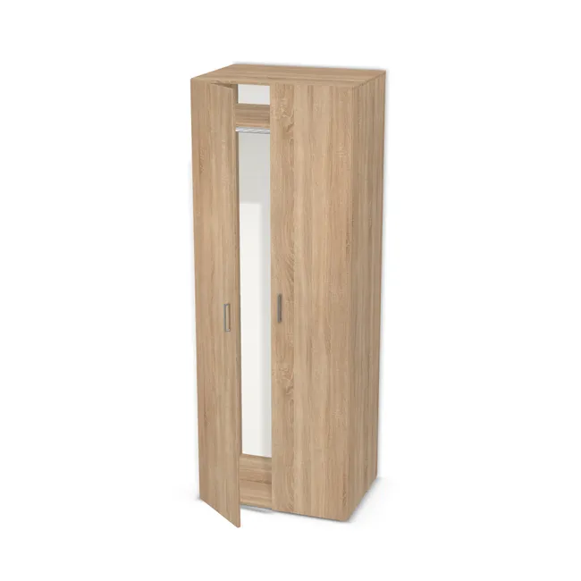 Front: Dąb Bardolino naturalny (H1145, ST10) Usłojenie Pionowe, Korpus: Dąb Bardolino naturalny (H1145, ST10), Usłojenie frontu: Pionowe, Materiał pleców: Plecy z płyty HDF 3 mm (biała), Szerokość: 80 cm, Wysokość: 218 cm, Głębokość: 56 cm, Głębokość z frontem: 57,8 cm, Wys. części dolnej: 198 cm, Przestrzeń pod drążkiem (od osi drążka do wieńca dolnego): 187,7 cm, Układ półek pod drążkiem: Bez półki pod drążkiem, Drzwi: 2 fronty - lewy i prawy, Typ podstawy: Brak (tylko ślizgacze), System domyku: Otwieranie uchwytem, Zawiasy: Blum Clip 100 (Optimum), Uchwyty: Uchwyt 2516 Chrom Połysk rozstaw 128mm dł. 135mm (Uchwyt 2516 128 mm), Obrzeże korpusu: 0,8 mm, Obrzeże frontu: 0,8 mm, Rozmieszczenie uchwytów: Pionowo (środek frontu, bok 50 mm), Cichy domyk: Hamulec Blum 973A0500 na zawias prosty