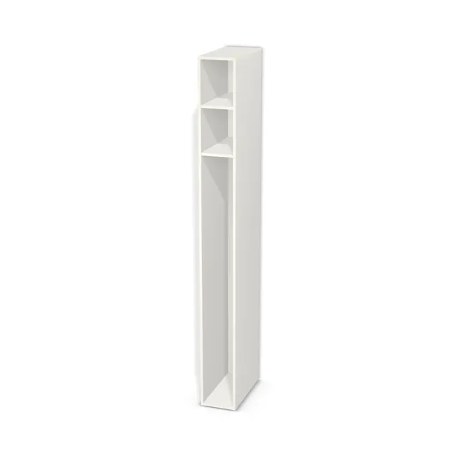 Korpus: Biały klasyczny (W960, SM), Materiał pleców: Plecy z płyty HDF 3 mm (biała), Szerokość: 26 cm, Wysokość: 248 cm, Głębokość: 55 cm, Liczba półek: 2 półki, Rozmieszczenie półek: Własne ustawienie, Typ podstawy: Brak (tylko ślizgacze), Podpórki półek: Podpórki półki fi 5 mm (Basic / ruchome), Obrzeże korpusu: 0,8 mm, Rodzaj: Zabudowa szeregowa