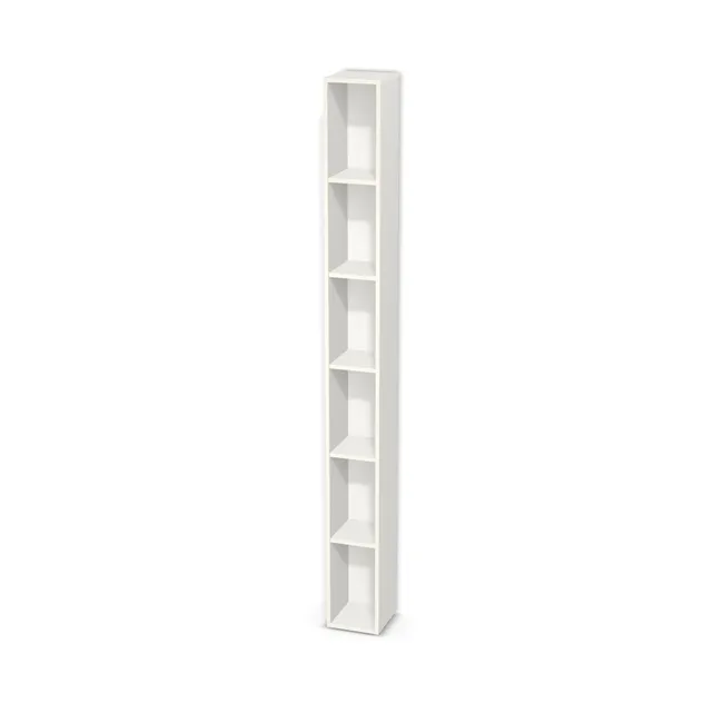 Korpus: Biały klasyczny (W960, SM), Materiał pleców: Plecy z płyty HDF 3 mm (biała), Szerokość: 25 cm, Wysokość: 248 cm, Głębokość: 25 cm, Liczba półek: 5 półek, Rozmieszczenie półek: Rozmieszczenie symetryczne półek, Typ podstawy: Brak (tylko ślizgacze), Podpórki półek: Podpórki półki fi 5 mm (Basic / ruchome), Obrzeże korpusu: 0,8 mm