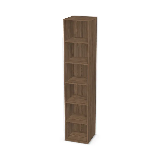 Korpus: Orzech Carini naturalny (H3710, ST12), Materiał pleców: Plecy z płyty jak korpus, Szerokość: 50 cm, Wysokość: 250 cm, Głębokość: 51 cm, Liczba półek: 5 półek, Rozmieszczenie półek: Rozmieszczenie symetryczne półek, Typ podstawy: Brak (tylko ślizgacze), Podpórki półek: Podpórki półki fi 5 mm (Basic / ruchome), Obrzeże korpusu: 0,8 mm, Rodzaj: Zabudowa szeregowa