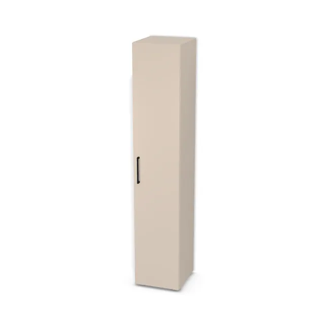 Front: Kaszmir (U702, ST9), Korpus: Kaszmir (U702, ST9), Materiał pleców: Plecy z płyty jak korpus, Szerokość: 42,5 cm, Wysokość: 222,1 cm, Wysokość z nóżkami: 223,9 cm, Głębokość: 44 cm, Głębokość z frontem: 45,8 cm, Drzwi: 1 front - otwierany w prawo, Liczba półek: 4 półki, Rozmieszczenie półek: Rozmieszczenie symetryczne półek, Typ podstawy: Nóżki (wg wyboru), System domyku: Otwieranie uchwytem, Zawiasy: Blum ClipTop 110 cichy domyk (Premium), Nóżki: Nóżka kwadratowa K099 z regulacją - chrom mat lakier / wys. 1.8 cm (Kwadratowa K099), Uchwyty: Uchwyt meblowy Z409 - czarny mat / rozstaw 224 mm (Uchwyt Z409 224 mm), Podpórki półek: Podpórki Kuadro z zabezpieczeniem (typ 2) (Premium / z zabezp.), Obrzeże korpusu: 0,8 mm, Obrzeże frontu: 2,0 mm, Rozmieszczenie uchwytów: Pionowo (środek frontu, bok 50 mm), Rodzaj: Zabudowa szeregowa