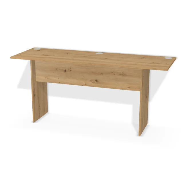 Korpus: Dąb dziki naturalny (H1318, ST10, 18 mm), Materiał blendy: Blenda z płyty jak korpus, Wybrane obrzeże: Obrzeże w innym kolorze (H8912, ST10), Szerokość: 180 cm, Wysokość: 85 cm, Głębokość: 60 cm, Wys. środkowej blendy: 35 cm, Wysunięcie blatu po lewej: 15 cm, Wysunięcie blatu po prawej: 30 cm, Wysunięcie blatu z przodu: 20 cm, Wysunięcie blatu z tyłu: 0 cm, Przepusty: Lewy róg - środek - prawy róg, Kolor przepustu: Przepust Kablowy z Plastiku fi 80 Szary (Plastik 80 Szary), Obrzeże: 1,0 mm