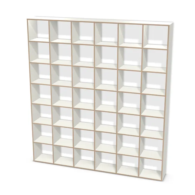 Korpus: Biały premium (W1000, ST9), Przednie i tylne krawędzie: W innym kolorze (S164, FRFR), Szerokość: 230 cm, Wysokość: 250 cm, Głębokość: 30 cm, Liczba rzędów: 7 rzędów, Liczba kolumn: 6 kolumn, Typ podstawy: Brak, Obrzeże korpusu: 2,0 mm