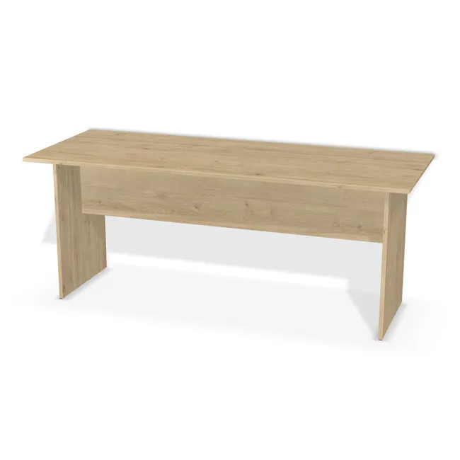 Korpus: Dąb Davos naturalny (H3131, ST12, 18 mm), Materiał blendy: Blenda z płyty jak korpus, Wybrane obrzeże: Domyślne (w kolorze płyty), Szerokość: 180 cm, Wysokość: 72 cm, Głębokość: 70 cm, Wys. środkowej blendy: 35 cm, Wysunięcie blatu po lewej: 10 cm, Wysunięcie blatu po prawej: 10 cm, Wysunięcie blatu z przodu: 10 cm, Wysunięcie blatu z tyłu: 10 cm, Przepusty: Brak, Obrzeże korpusu: 2,0 mm