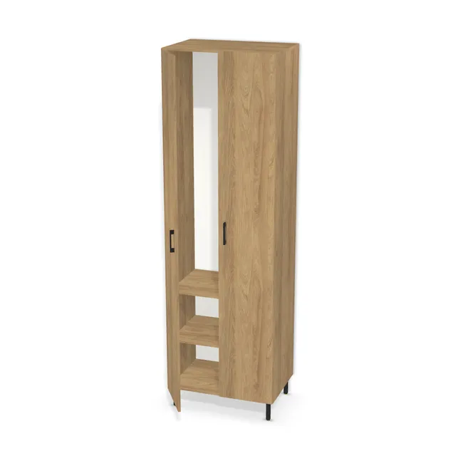 Front: Hikora naturalna (H3730, ST10) Usłojenie Pionowe, Korpus: Hikora naturalna (H3730, ST10), Usłojenie frontu: Pionowe, Materiał pleców: Plecy z płyty HDF 3 mm (biała), Szerokość: 81 cm, Wysokość: 250 cm, Wysokość z nóżkami: 265 cm, Głębokość: 53 cm, Głębokość z frontem: 54,8 cm, Drzwi: 2 fronty - lewy i prawy, Liczba półek: 2 półki, Rozmieszczenie półek: Własne ustawienie, Typ podstawy: Nóżki (wg wyboru), System domyku: Otwieranie uchwytem, Zawiasy: Blum Clip 100 (Optimum), Nóżki: Noga meblowa kwadratowa Tiadra 15cm Czarna (Arte Tiadra 150), Uchwyty: Uchwyt 2576 Czarny Mat rozstaw 128 mm (Uchwyt 2576 128 mm), Podpórki półek: Podpórki Kuadro z zabezpieczeniem (typ 2) (Premium / z zabezp.), Obrzeże korpusu: 0,8 mm, Obrzeże frontu: 0,8 mm, Rozmieszczenie uchwytów: Pionowo (środek frontu, bok 50 mm)