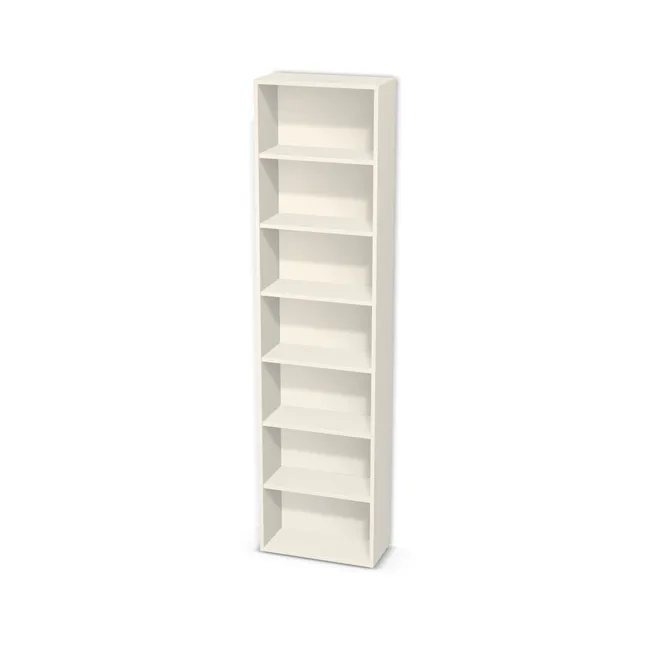 Korpus: Biały porcelanowy (W1200, ST9), Materiał pleców: Plecy z płyty jak korpus, Szerokość: 54 cm, Wysokość: 213 cm, Głębokość: 25 cm, Liczba półek: 6 półek, Rozmieszczenie półek: Rozmieszczenie symetryczne półek, Typ podstawy: Brak (tylko ślizgacze), Podpórki półek: Podpórki Kuadro z zabezpieczeniem (typ 2) (Premium / z zabezp.), Obrzeże korpusu: 0,8 mm