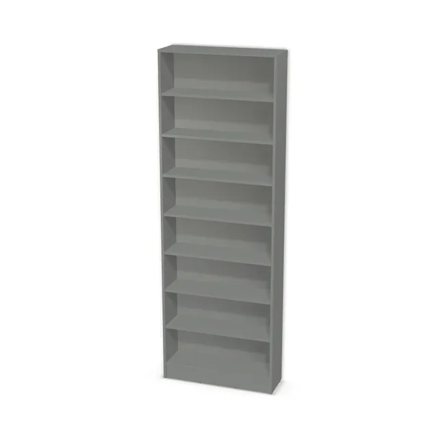 Korpus: Szary przykurzony (U732, ST9), Materiał pleców: Plecy z płyty jak korpus, Szerokość: 80 cm, Wysokość: 222 cm, Wysokość z cokołem: 232 cm, Głębokość: 25 cm, Liczba półek: 7 półek, Rozmieszczenie półek: Rozmieszczenie symetryczne półek, Typ podstawy: Cokół 10 cm, Podpórki półek: Podpórki półki fi 5 mm (Basic / ruchome), Obrzeże korpusu: 0,8 mm