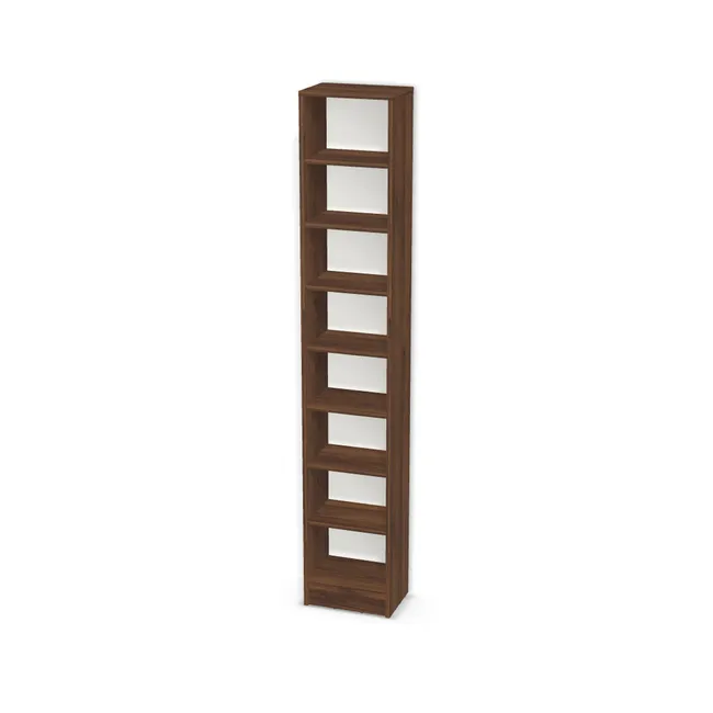 Korpus: Orzech Warmia brązowy (H1307, ST19), Materiał pleców: Plecy z płyty HDF 3 mm (biała), Szerokość: 36,5 cm, Wysokość: 196,6 cm, Wysokość z cokołem: 206,6 cm, Głębokość: 25 cm, Liczba półek: 7 półek, Rozmieszczenie półek: Rozmieszczenie symetryczne półek, Typ podstawy: Cokół 10 cm, Podpórki półek: Podpórki półki fi 5 mm (Basic / ruchome), Obrzeże korpusu: 0,8 mm
