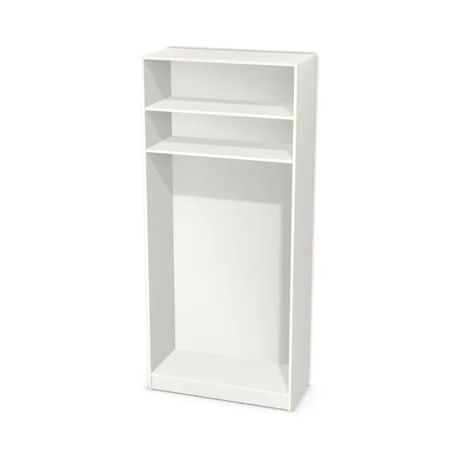 Korpus: Biały klasyczny (W960, SM), Materiał pleców: Plecy z płyty HDF 3 mm (biała), Szerokość: 100 cm, Wysokość: 215 cm, Wysokość z cokołem: 225 cm, Głębokość: 44,2 cm, Liczba półek: 2 półki, Rozmieszczenie półek: Własne ustawienie, Typ podstawy: Cokół 10 cm, Podpórki półek: Podpórki półki fi 5 mm (Basic / ruchome), Obrzeże korpusu: 0,8 mm