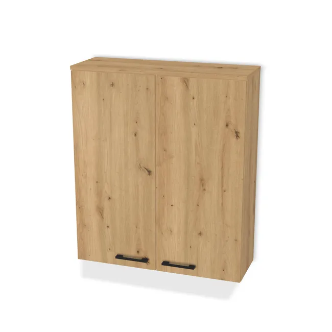 Front: Dąb dziki naturalny (H1318, ST10) Usłojenie Pionowe, Korpus: Dąb dziki naturalny (H1318, ST10), Usłojenie frontu: Pionowe, Materiał pleców: Plecy z płyty HDF 3 mm (biała), Szerokość: 81,5 cm, Wysokość: 95 cm, Głębokość: 25,5 cm, Głębokość z frontem: 27,3 cm, Typ wieńca górnego: Wieniec górny nakładany, Drzwi: 2 fronty - lewy i prawy, Liczba półek: 2 półki, Rozmieszczenie półek: Rozmieszczenie symetryczne półek, Otwieranie: Otwieranie uchwytem, Zawieszki: Zawieszki Camar (Premium Camar), Zawiasy: Blum ClipTop 110 cichy domyk (Premium), Uchwyty: Uchwyt 2576 Czarny Mat rozstaw 128 mm (Uchwyt 2576 128 mm), Podpórki półek: Złączki Rafix TAB 20 S (Premium / z zabezp.), Obrzeże korpusu: 0,8 mm, Obrzeże frontu: 0,8 mm, Wycięcie HDF: Wycięcie pod zawieszki, Rozmieszczenie uchwytów: Poziomo (dół frontu 50 mm, bok 50 mm)