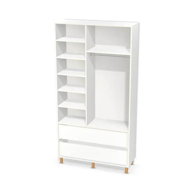 Korpus: Biel Alpejska (WU8685, SMK), Materiał pleców: Plecy z płyty HDF 3 mm (biała), Szerokość: 120 cm, Wysokość: 220 cm, Wysokość z nóżkami: 231 cm, Głębokość: 40 cm, Szer. części lewej: 50 cm, Wys. części z drążkiem (od wieńca dolnego): 180 cm, Przestrzeń pod drążkiem (od osi drążka do półki): 110,6 cm, Wys. części z szufladami: 60 cm, Układ mebla: Po lewej półki, po prawej szafka na wieszaki, Fronty: Bez frontów, Liczba szuflad: 2 szuflady, Liczba półek: 5 półek, Rozmieszczenie półek: Rozmieszczenie symetryczne półek, Typ podstawy: Nóżki (wg wyboru), System domyku: Otwieranie uchwytem (+Hamulec Blumotion), Szuflady: Blum Tandem (Optimum Blum), Zawiasy: Dobór we własnym zakresie (Brak), Nóżki: Noga meblowa drewniana 10cm walec (Drewniana 10cm walec), Uchwyty: Brak uchwytów i brak nawiertów (Brak uchwytów), Uchwyty szuflad: Brak uchwytów i brak nawiertów (Brak uchwytów), Podpórki półek: Podpórki Kuadro z zabezpieczeniem (typ 2) (Premium / z zabezp.), Obrzeże korpusu: 0,8 mm