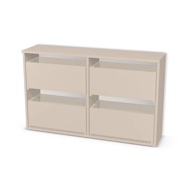 Korpus: Kaszmir (U702, ST9), Materiał pleców: Plecy z płyty HDF 3 mm (biała), Szerokość: 120 cm, Wysokość: 73,5 cm, Głębokość: 28 cm, Głęb. całkowita: 30 cm, Szer. części lewej: 60 cm, Układ mebla: Po lewej szuflady, po prawej szuflady, Fronty: Bez frontów, Typ wieńca górnego: Wieniec górny nakładany wysunięty nad front, Liczba szuflad w lewej części: 2 szuflady po lewej, Liczba szuflad w prawej części: 2 szuflady po prawej, Typ podstawy: Brak (tylko ślizgacze), System domyku: Otwieranie uchwytem (+Hamulec Blumotion), Prowadnice szuflad: Blum Tandem (Optimum Blum), Uchwyty szuflad: Brak uchwytów i brak nawiertów (Brak uchwytów), Podpórki półek: Podpórki Kuadro z zabezpieczeniem (typ 2) (Premium / z zabezp.), Obrzeże korpusu: 0,8 mm