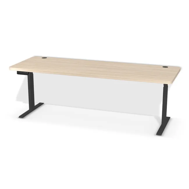 Blat: Klon Hard szampański (H3860, ST9, 36mm), Szerokość: 200 cm, Głębokość: 70 cm, Kształt blatu: Blat zaoblony (R=50mm), Układ kontrolera: Kontroler po lewej stronie, Pozycja kontrolera (od krawędzi blatu): 13 cm, Przepusty: Lewy i prawy róg, Kolor przepustu: Przepust Kablowy z Plastiku fi 60 Czarny (Plastik 60 Czarny), Stelaż: Stelaż elektryczny do biurka FUTURO II (625-1275 mm) czarny (Futuro II Stelaż Czarny), Obrzeże blatu: 2,0 mm