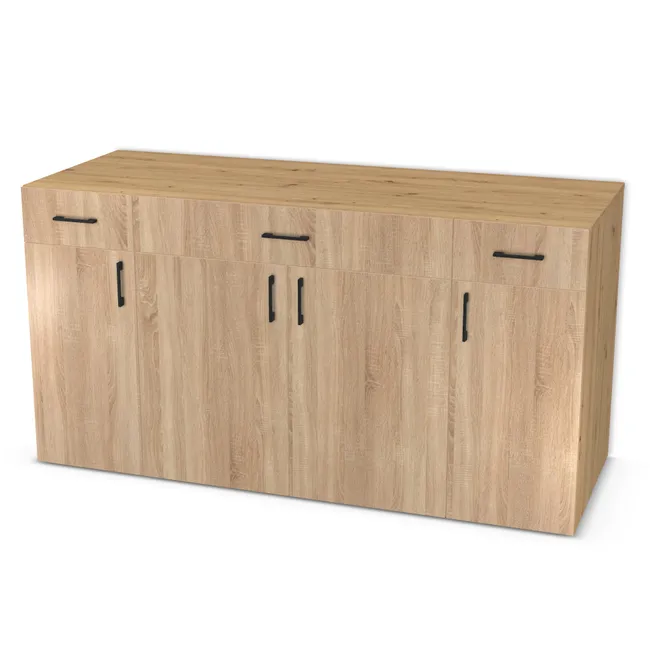 Front: Dąb Bardolino naturalny (H1145, ST10) Usłojenie Pionowe, Korpus: Dąb dziki naturalny (H1318, ST10), Usłojenie frontu: Pionowe, Materiał pleców: Plecy z płyty HDF 3 mm (biała), Szerokość: 198,4 cm, Wysokość: 103,4 cm, Głębokość: 73,1 cm, Głębokość z frontem: 74,9 cm, Szer. części środkowej: 110,4 cm, Wys. pasa dolnego: 83,1 cm, Wysokość dolnego frontu: 82,8 cm, Typ wieńca górnego: Wieniec górny nakładany, Fronty: Fronty - drzwi lewe i prawe, fronty szuflad, Liczba półek: 1 półka, Rozmieszczenie półek: Rozmieszczenie symetryczne półek, Typ podstawy: Brak (tylko ślizgacze), System domyku: Otwieranie uchwytem (+Hamulec Blumotion), Prowadnice szuflad: Blum Tandem (Optimum Blum), Zawiasy: Blum ClipTop 110 cichy domyk (Premium), Uchwyty: Uchwyt 2576 Czarny Mat rozstaw 128 mm (Uchwyt 2576 128 mm), Uchwyty szuflad: Uchwyt 2576 Czarny Mat rozstaw 128 mm (Uchwyt 2576 128 mm), Podpórki półek: Podpórki Kuadro z zabezpieczeniem (typ 2) (Premium / z zabezp.), Obrzeże korpusu: 0,8 mm, Obrzeże frontu: 0,8 mm, Rozmieszczenie uchwytów: Pionowo (góra frontu 50 mm, bok 50 mm), Rozmieszczenie uchwytów szuflad: Poziomo (centralnie na froncie)