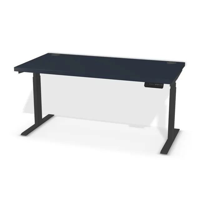 Blat: Niebieski indigo (U599, ST9, 36mm), Szerokość: 140 cm, Głębokość: 70 cm, Kształt blatu: Blat prostokątny, Układ kontrolera: Kontroler po prawej stronie, Pozycja kontrolera (od krawędzi blatu): 6 cm, Przepusty: Lewy i prawy róg, Kolor przepustu: Przepust Kablowy z Plastiku fi 80 Czarny (Plastik 80 Czarny), Stelaż: Stelaż elektryczny do biurka FUTURO II (625-1275 mm) czarny (Futuro II Stelaż Czarny), Obrzeże blatu: 2,0 mm