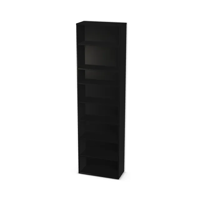 Korpus: Czarny Shadow (U998, ST38), Materiał pleców: Plecy z płyty jak korpus, Szerokość: 65 cm, Wysokość: 230 cm, Głębokość: 30 cm, Liczba półek: 7 półek, Rozmieszczenie półek: Własne ustawienie, Typ podstawy: Brak (tylko ślizgacze), Podpórki półek: Podpórki półki fi 5 mm (Basic / ruchome), Obrzeże korpusu: 2,0 mm