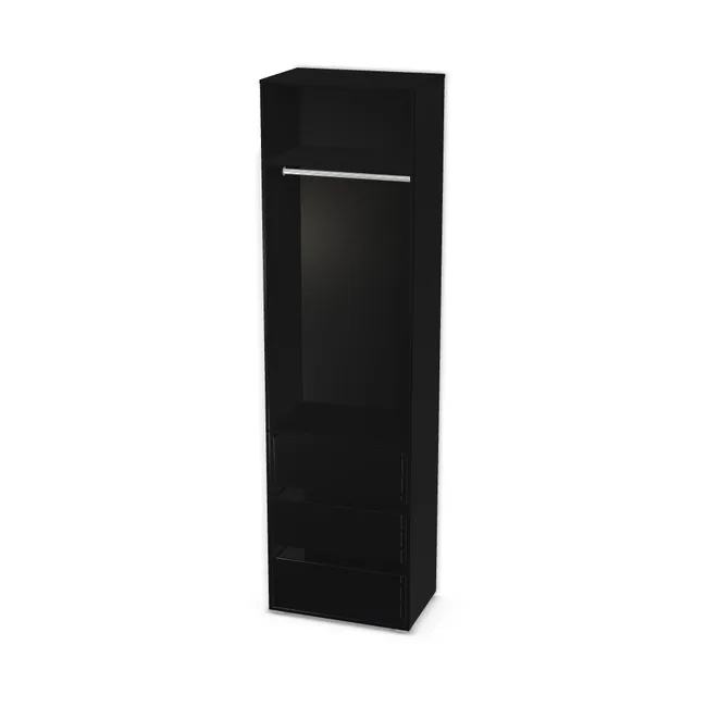Korpus: Czarny (U999, ST7), Materiał pleców: Plecy z płyty jak korpus, Szerokość: 70 cm, Wysokość: 250 cm, Wysokość z nóżkami: 251,8 cm, Głębokość: 45 cm, Wys. części z drążkiem (od wieńca dolnego): 215 cm, Przestrzeń pod drążkiem (od osi drążka do półki): 115,6 cm, Wys. części z szufladami: 90 cm, Fronty: Bez frontów, Liczba szuflad: 3 szuflady, Typ podstawy: Nóżki (wg wyboru), System domyku: Otwieranie uchwytem (+Hamulec Blumotion), Szuflady: Blum Movento (Premium Blum), Zawiasy: Dobór we własnym zakresie (Brak), Nóżki: Nóżka kwadratowa K099 z regulacją - chrom mat lakier / wys. 1.8 cm (Kwadratowa K099), Uchwyty: Brak uchwytów i brak nawiertów (Brak uchwytów), Uchwyty szuflad: Brak uchwytów i brak nawiertów (Brak uchwytów), Obrzeże korpusu: 2,0 mm