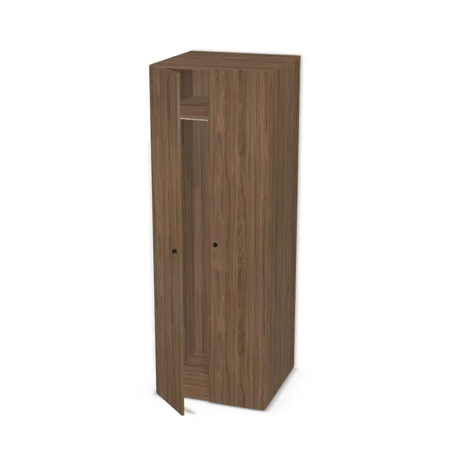Front: Orzech Carini naturalny (H3710, ST12) Usłojenie Pionowe, Korpus: Orzech Carini naturalny (H3710, ST12), Usłojenie frontu: Pionowe, Materiał pleców: Plecy z płyty jak korpus, Szerokość: 76 cm, Wysokość: 220 cm, Głębokość: 70 cm, Głębokość z frontem: 71,8 cm, Wys. części dolnej: 190 cm, Przestrzeń pod drążkiem (od osi drążka do wieńca dolnego): 179,7 cm, Układ półek pod drążkiem: Bez półki pod drążkiem, Drzwi: 2 fronty - lewy i prawy, Typ podstawy: Brak (tylko ślizgacze), System domyku: Otwieranie uchwytem, Zawiasy: Blum ClipTop 110 cichy domyk (Premium), Uchwyty: Gałka COMO 0168 - czarny mat / fi 26 mm (Gałka 0168), Obrzeże korpusu: 0,8 mm, Obrzeże frontu: 0,8 mm, Rozmieszczenie uchwytów: Pionowo (środek frontu, bok 50 mm)