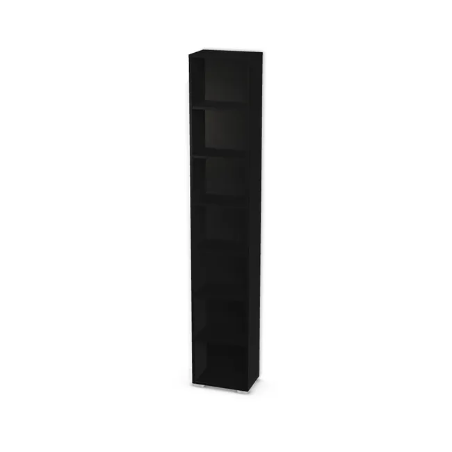 Korpus: Czarny (U999, ST7), Materiał pleców: Plecy z płyty jak korpus, Szerokość: 39 cm, Wysokość: 217 cm, Wysokość z nóżkami: 219 cm, Głębokość: 25 cm, Liczba półek: 6 półek, Rozmieszczenie półek: Rozmieszczenie symetryczne półek, Typ podstawy: Nóżki (wg wyboru), Nóżki: Stopka K041 - tworzywo - chrom wys 2 cm (Stopka chrom 2cm), Podpórki półek: Podpórki Kuadro z zabezpieczeniem (typ 2) (Premium / z zabezp.), Obrzeże korpusu: 0,8 mm