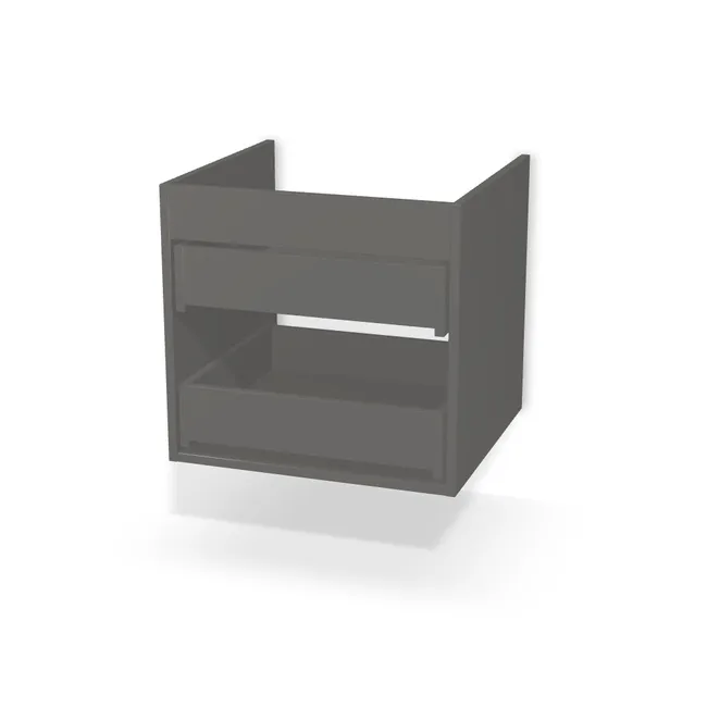 Korpus: Onyx szary (U960, ST9), Szerokość: 56,5 cm, Wysokość: 53,4 cm, Głębokość: 52 cm, Głębokość z frontem: 53,8 cm, Wew. przestrzeń na umywalkę: 50,2 cm, Typ wieńca górnego: Brak wieńca górnego, Fronty szuflad: Bez frontów szuflad, Liczba szuflad: 2 szuflady, Liczba szuflad pod syfon: Bez szuflad pod syfon, System domyku: Otwieranie uchwytem (+Hamulec Blumotion), Prowadnice szuflad: Blum Tandem (Optimum Blum), Zawieszki: Zawieszki Camar (udźwig 600kg) (Premium Camar), Uchwyty szuflad: Brak uchwytów i brak nawiertów (Brak uchwytów), Pozycja zawieszki: 0 cm, Obrzeże korpusu: 0,8 mm