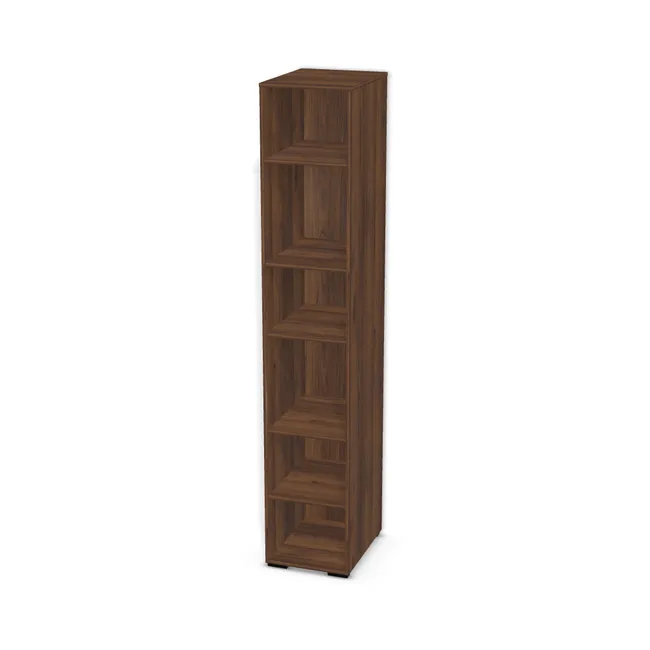 Korpus: Orzech Warmia brązowy (H1307, ST19), Materiał pleców: Plecy z płyty jak korpus, Szerokość: 43 cm, Wysokość: 233 cm, Wysokość z nóżkami: 235 cm, Głębokość: 55 cm, Liczba półek: 5 półek, Rozmieszczenie półek: Własne ustawienie, Typ podstawy: Nóżki (wg wyboru), Nóżki: Nóżka prostokątna K160 - czarny mat / wys. 2 cm (Prostokątna K160), Podpórki półek: Podpórki Kuadro z zabezpieczeniem (typ 2) (Premium / z zabezp.), Obrzeże korpusu: 2,0 mm