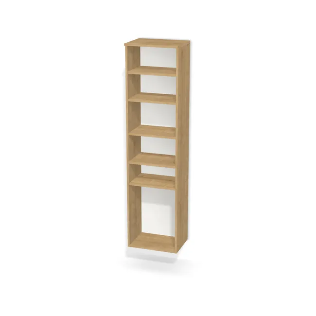Korpus: Dąb Hamilton naturalny (H3303, ST10), Materiał pleców: Plecy z płyty HDF 3 mm (biała), Szerokość: 45 cm, Wysokość: 177 cm, Głębokość: 32 cm, Głębokość z frontem: 33,8 cm, Wysokość części na dolny front: 77 cm, Drzwi: Bez frontów, Liczba półek na górze: 3 półki, Liczba półek na dole: 1 półka, Rozmieszczenie półek: Własne ustawienie, System domyku: Otwieranie uchwytem, Zawieszki: Zawieszki Camar (Premium Camar), Zawiasy: Dobór we własnym zakresie (Brak), Uchwyty: Brak uchwytów i brak nawiertów (Brak uchwytów), Podpórki półek: Złączki Rafix TAB 20 S (Premium / z zabezp.), Obrzeże korpusu: 0,8 mm, Wycięcie HDF: Wycięcie pod zawieszki