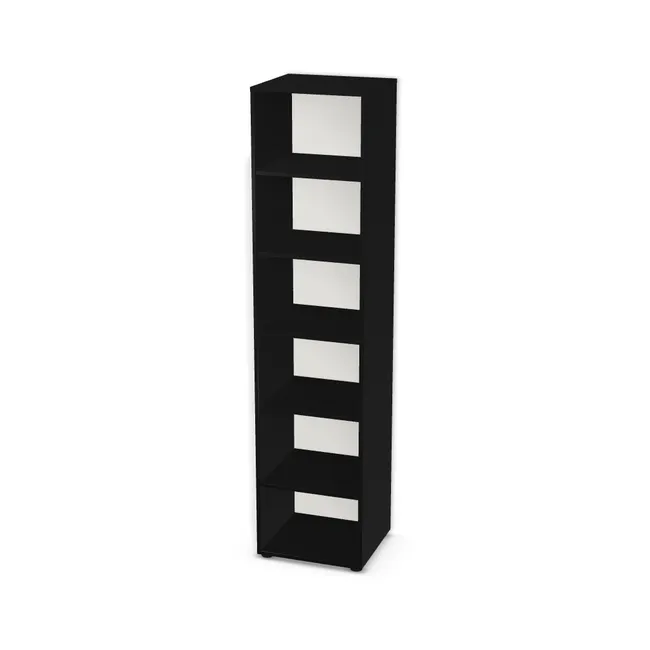 Korpus: Czarny (U999, ST7), Materiał pleców: Plecy z płyty HDF 3 mm (biała), Szerokość: 50 cm, Wysokość: 211,5 cm, Wysokość z nóżkami: 213,4 cm, Głębokość: 45 cm, Liczba półek: 5 półek, Rozmieszczenie półek: Własne ustawienie, Typ podstawy: Nóżki (wg wyboru), Nóżki: Ślizgacz czarny 2-częściowy 54x19mm tworzywo sztuczne (Stopka fi54 19mm), Podpórki półek: Podpórki półki fi 5 mm (Basic / ruchome), Obrzeże korpusu: 0,8 mm