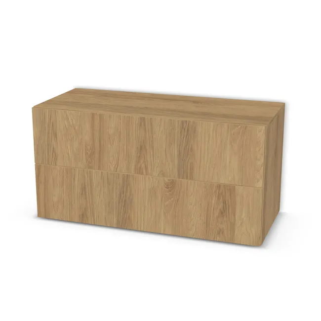Front: Hikora naturalna (H3730, ST10) Usłojenie Pionowe, Korpus: Hikora naturalna (H3730, ST10), Usłojenie frontu: Pionowe, Materiał pleców: Plecy z płyty HDF 3 mm (biała), Szerokość: 100 cm, Wysokość: 50 cm, Głębokość: 41,5 cm, Głębokość z frontem: 43,3 cm, Typ szuflady: Z frontem nakładanym, Typ wieńca górnego: Wieniec górny nakładany, Fronty szuflad: 2 fronty szuflad, Liczba szuflad: 2 szuflady, Typ podstawy: Brak (tylko ślizgacze), System domyku: Otwieranie uchwytem (+Hamulec Blumotion), Prowadnice szuflad: Blum Tandem (Optimum Blum), Uchwyty szuflad: Brak uchwytów i brak nawiertów (Brak uchwytów), Obrzeże korpusu: 0,8 mm, Obrzeże frontu: 0,8 mm, Rodzaj: Zabudowa szeregowa