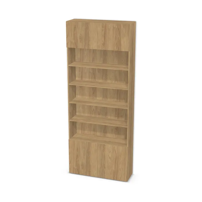 Front: Hikora naturalna (H3730, ST10) Usłojenie Pionowe, Korpus: Hikora naturalna (H3730, ST10), Usłojenie frontu: Pionowe, Materiał pleców: Plecy z płyty jak korpus, Szerokość: 100 cm, Wysokość: 250 cm, Głębokość: 31 cm, Głębokość z frontem: 32,8 cm, Wys. części górnej: 40 cm, Wys. części dolnej: 60 cm, Drzwi: 4 fronty - 2 lewe, 2 prawe, Liczba półek na górze: 1 półka, Liczba półek na środku: 4 półki, Liczba półek na dole: 1 półka, Rozmieszczenie półek: Rozmieszczenie symetryczne półek, Typ podstawy: Brak (tylko ślizgacze), System domyku: Otwieranie naciskiem (Tip-On), Zawiasy: Blum ClipTop 110 bez sprężyny (Premium), Uchwyty: Brak uchwytów i brak nawiertów (Brak uchwytów), Podpórki półek: Podpórki Kuadro z zabezpieczeniem (typ 2) (Premium / z zabezp.), Obrzeże korpusu: 0,8 mm, Obrzeże frontu: 0,8 mm