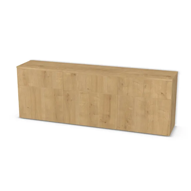 Front: Dąb Hamilton naturalny (H3303, ST10) Usłojenie Pionowe, Korpus: Dąb Hamilton naturalny (H3303, ST10), Usłojenie frontu: Pionowe, Materiał pleców: Plecy z płyty jak korpus, Szerokość: 160 cm, Wysokość: 56 cm, Głębokość: 30 cm, Głęb. całkowita: 32 cm, Szer. części środkowej: 55 cm, Wys. pasa dolnego: 36 cm, Wysokość dolnego frontu: 35,7 cm, Typ wieńca górnego: Wieniec górny nakładany wysunięty nad front, Fronty: Fronty - drzwi lewe, fronty szuflad, Liczba półek: 1 półka, Rozmieszczenie półek: Rozmieszczenie symetryczne półek, Typ podstawy: Brak (tylko ślizgacze), System domyku: Otwieranie naciskiem (Tip-On), Prowadnice szuflad: Blum Tandem (Optimum Blum), Zawiasy: Blum ClipTop 110 bez sprężyny (Premium), Uchwyty: Brak uchwytów i brak nawiertów (Brak uchwytów), Uchwyty szuflad: Brak uchwytów i brak nawiertów (Brak uchwytów), Podpórki półek: Podpórki Kuadro z zabezpieczeniem (typ 2) (Premium / z zabezp.), Obrzeże korpusu: 0,8 mm, Obrzeże frontu: 0,8 mm