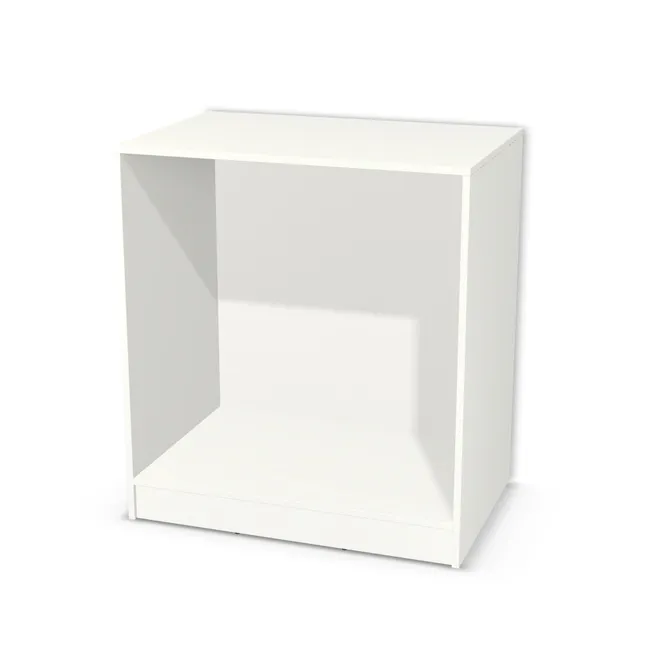 Korpus: Biały alpejski (W1100, ST9), Materiał pleców: Plecy z płyty HDF 3 mm (biała), Szerokość: 90 cm, Wysokość: 90 cm, Wysokość z cokołem: 100 cm, Głębokość: 59 cm, Liczba półek: Bez półek, Typ podstawy: Cokół 10 cm, Obrzeże korpusu: 0,8 mm, Rodzaj: Zabudowa szeregowa