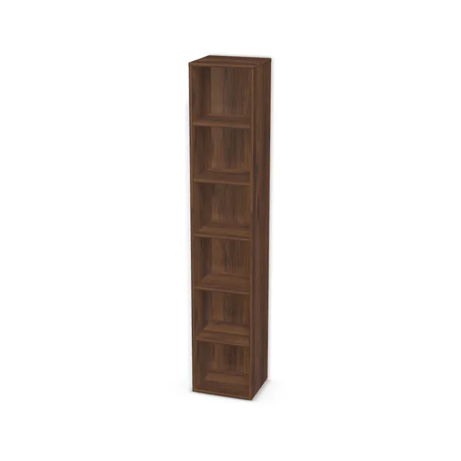 Korpus: Orzech Warmia brązowy (H1307, ST19), Materiał pleców: Plecy z płyty jak korpus, Szerokość: 38 cm, Wysokość: 200 cm, Głębokość: 33 cm, Liczba półek: 5 półek, Rozmieszczenie półek: Rozmieszczenie symetryczne półek, Typ podstawy: Brak (tylko ślizgacze), Podpórki półek: Podpórki Kuadro z zabezpieczeniem (typ 2) (Premium / z zabezp.), Obrzeże korpusu: 0,8 mm