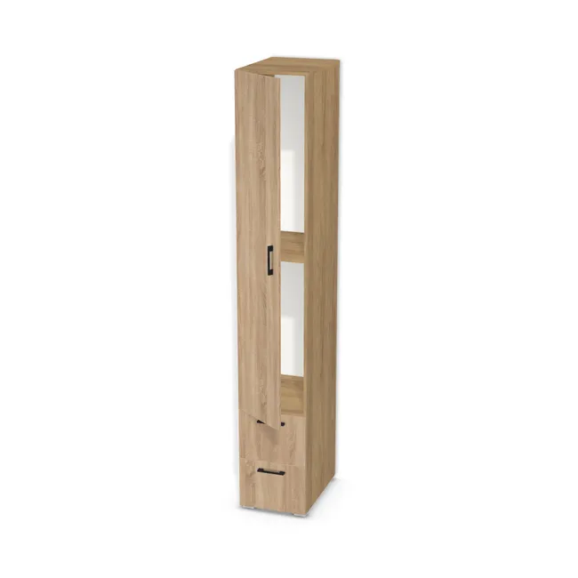 Front: Dąb Bardolino naturalny (H1145, ST10) Usłojenie Pionowe, Korpus: Hikora naturalna (H3730, ST10), Usłojenie frontu: Pionowe, Materiał pleców: Plecy z płyty HDF 3 mm (biała), Szerokość: 40 cm, Wysokość: 250 cm, Wysokość z nóżkami: 252 cm, Głębokość: 56 cm, Głębokość z frontem: 57,8 cm, Wys. części z drążkiem (od wieńca dolnego): 150 cm, Przestrzeń pod drążkiem (od osi drążka do półki): 80,6 cm, Wys. części z szufladami: 60 cm, Drzwi: 1 front - otwierany w lewo, Liczba szuflad: 2 szuflady, Typ podstawy: Nóżki (wg wyboru), System domyku: Otwieranie uchwytem (+Hamulec Blumotion), Szuflady: Blum Tandem (Optimum Blum), Zawiasy: Blum ClipTop 110 cichy domyk (Premium), Nóżki: Stopka K041 - tworzywo - chrom wys 2 cm (Stopka chrom 2cm), Uchwyty: Uchwyt 2576 Czarny Mat rozstaw 128 mm (Uchwyt 2576 128 mm), Uchwyty szuflad: Uchwyt 2576 Czarny Mat rozstaw 128 mm (Uchwyt 2576 128 mm), Obrzeże korpusu: 0,8 mm, Obrzeże frontu: 0,8 mm, Rozmieszczenie uchwytów: Pionowo (środek frontu, bok 50 mm), Rozmieszczenie uchwytów szuflad: Poziomo (góra frontu 50 mm, środek)