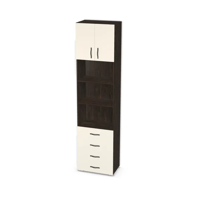 Front: Biały porcelanowy (W1200, ST9), Korpus: Dąb Thermo czarnobrązowy (H1199, ST12), Materiał pleców: Plecy z płyty jak korpus, Szerokość: 60 cm, Wysokość: 238 cm, Wysokość z nóżkami: 240 cm, Głębokość: 36,2 cm, Głębokość z frontem: 38 cm, Wys. części górnej: 55 cm, Wys. części dolnej: 76 cm, Typ szuflady: Z frontem nakładanym, Drzwi: 4 fronty - 2 lewe, 2 prawe, Liczba szuflad: 4 szuflady, Liczba półek na górze: 1 półka, Liczba półek na środku: 2 półki, Rozmieszczenie półek: Rozmieszczenie symetryczne półek, Typ podstawy: Nóżki (wg wyboru), System domyku: Otwieranie uchwytem (+Hamulec Blumotion), Typ szuflad: Szuflady skrzyniowe, Szuflady: Blum Tandem (Optimum Blum), Zawiasy: Blum ClipTop 110 cichy domyk (Premium), Nóżki: Stopka K041 - tworzywo - chrom wys 2 cm (Stopka chrom 2cm), Uchwyty: Uchwyt BRAVE 0452 - czarny mat / rozstaw 128 mm (Uchwyt 0452 128 mm), Uchwyty szuflad: Uchwyt BRAVE 0452 - czarny mat / rozstaw 128 mm (Uchwyt 0452 128 mm), Podpórki półek: Podpórki Kuadro z zabezpieczeniem (typ 2) (Premium / z zabezp.), Obrzeże korpusu: 0,8 mm, Obrzeże frontu: 0,8 mm, Typ wieńca dolnego: Wieniec dolny nakładany, Rozmieszczenie uchwytów (na górze): Pionowo (dół frontu 50 mm), bok 50 mm), Rozmieszczenie uchwytów szuflad: Poziomo (centralnie na froncie)